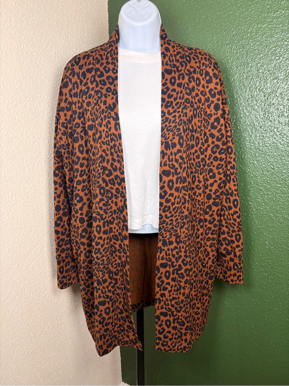 Leopard Print Open-Front Cardigan Sweater with front pockets